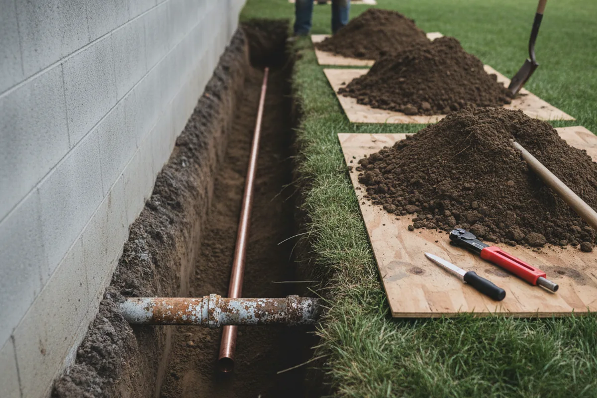 Excavated water line trench during Sewer Line Repair in Rancho Cucamonga
